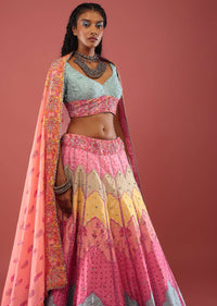 Multi Coloured Bandhani Print Lehenga Choli In Silk Inspired From Mughal Architecture And Hand Embroidery Detailing