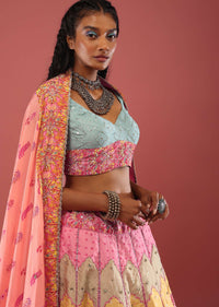 Multi Coloured Bandhani Print Lehenga Choli In Silk Inspired From Mughal Architecture And Hand Embroidery Detailing