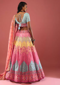 Multi Coloured Bandhani Print Lehenga Choli In Silk Inspired From Mughal Architecture And Hand Embroidery Detailing