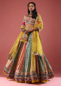 Multi Coloured Brocade Lehenga With Bandhani Print And Heavy Mirror Work On The Border