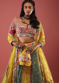 Multi Coloured Brocade Lehenga With Bandhani Print And Heavy Mirror Work On The Border