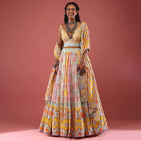 Multi Coloured Silk Lehenga With Hand Embroidery On The Skirt And Abstract Print