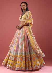 Multi Coloured Silk Lehenga With Hand Embroidery On The Skirt And Abstract Print