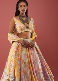 Multi Coloured Silk Lehenga With Hand Embroidery On The Skirt And Abstract Print