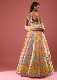 Multi Coloured Silk Lehenga With Hand Embroidery On The Skirt And Abstract Print