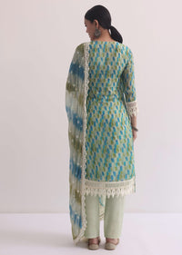 Multi Lace Kurti Pant Set With Abstract Print