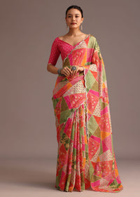 Multicolor Abstract Printed Muslin Saree