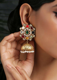 Multicolor Floral Jhumkas With Faux Glass Kundan And Dangling Shell Pearls By Paisley Pop