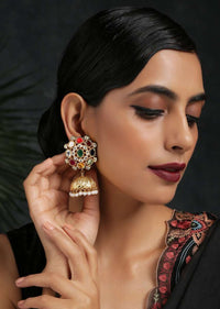 Multicolor Floral Jhumkas With Faux Glass Kundan And Dangling Shell Pearls By Paisley Pop