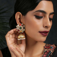 Multicolor Floral Jhumkas With Faux Glass Kundan And Dangling Shell Pearls By Paisley Pop