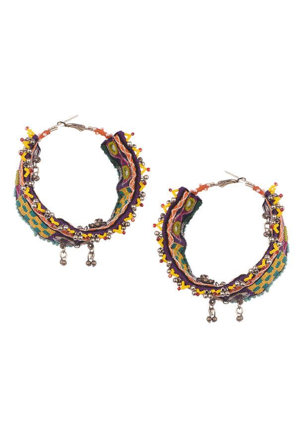 Multicolor Hand Embroidered Thread And Beaded Boho Hoop Earrings