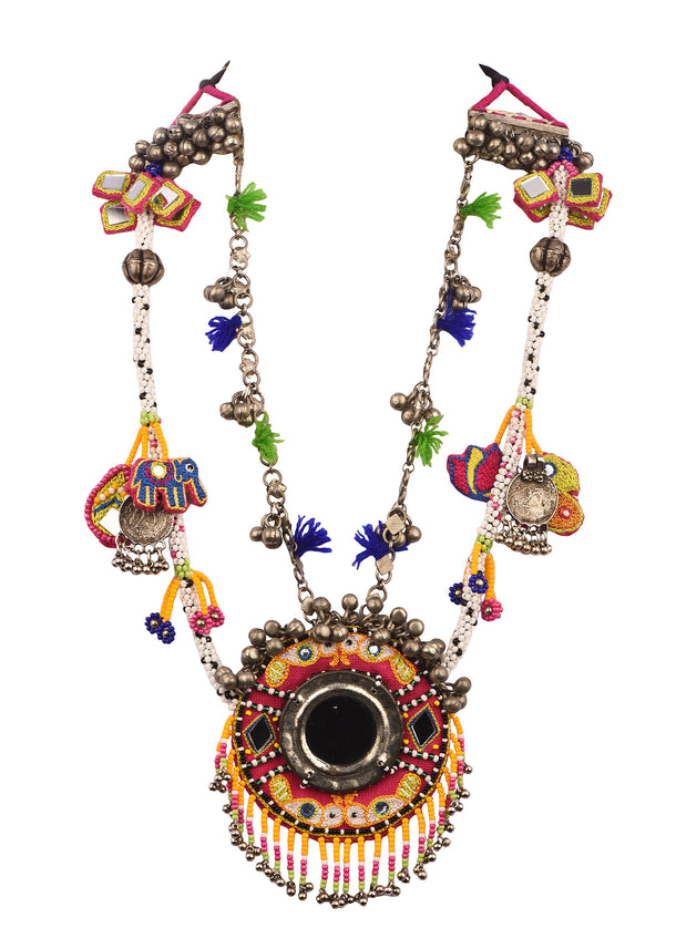 Multicolor Hand Embroidered Boho Necklace With Thread And Beaded Work