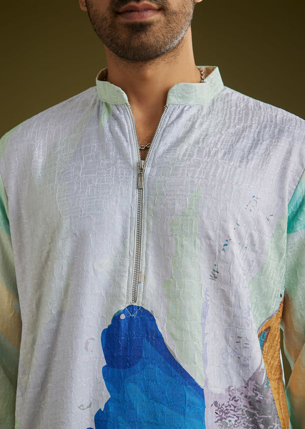 Multicolor Linen Abstract Printed Zipper Kurta Set