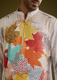 Multicolor Linen Zipper Kurta Set With Abstract Leaf Prints