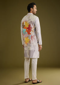 Multicolor Linen Zipper Kurta Set With Abstract Leaf Prints