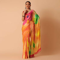 Multicolor Abstract Print Satin Saree With Unstitched Blouse Piece
