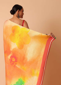 Multicolor Abstract Print Satin Saree With Unstitched Blouse Piece