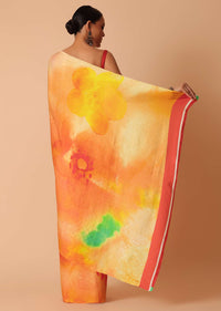 Multicolor Abstract Print Satin Saree With Unstitched Blouse Piece