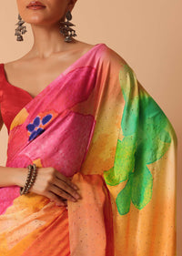 Multicolor Abstract Print Satin Saree With Unstitched Blouse Piece