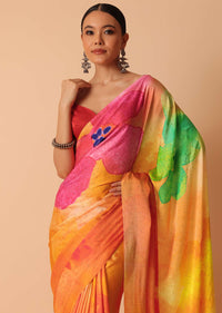 Multicolor Abstract Print Satin Saree With Unstitched Blouse Piece