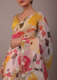 Multicolor Abstract Printed Saree In Organza With Cut Dana Butti All Over