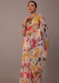 Multicolor Abstract Printed Saree In Organza With Cut Dana Butti All Over