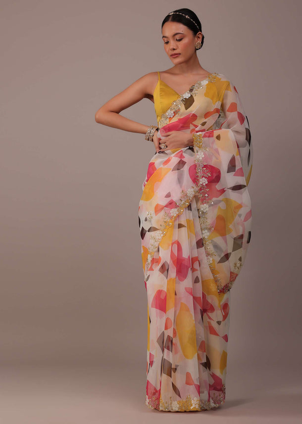 Multicolor Abstract Printed Saree In Organza With Cut Dana Butti All Over