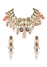 Multicolor Carved Beaded Choker Set In Gold Finish Mix Metal