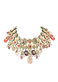 Multicolor Carved Beaded Choker Set In Gold Finish Mix Metal
