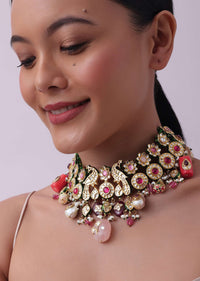 Multicolor Carved Beaded Choker Set In Gold Finish Mix Metal