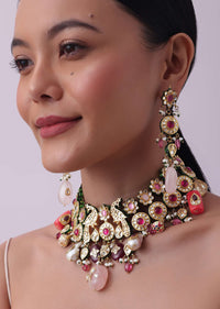 Multicolor Carved Beaded Choker Set In Gold Finish Mix Metal