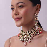 Multicolor Carved Beaded Choker Set In Gold Finish Mix Metal