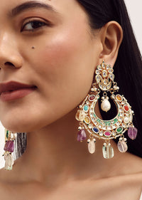 Multicolor Dangler Earrings With Kundan Work In Mix Metal