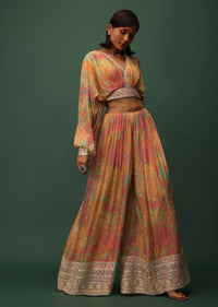 Multicolor Embroidered Crop Top And Palazzo Set In Chinon