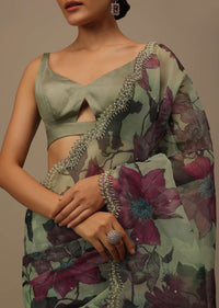 Multicolor Embroidered Organza Saree With Floral Print And Scallop Borders