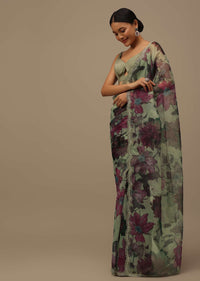 Multicolor Embroidered Organza Saree With Floral Print And Scallop Borders