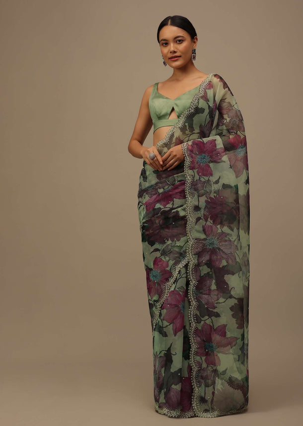 Multicolor Embroidered Organza Saree With Floral Print And Scallop Borders