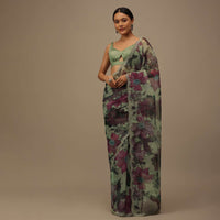 Multicolor Embroidered Organza Saree With Floral Print And Scallop Borders