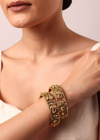 Multicolor Finish Carved Bangle With Kundan Set of 2