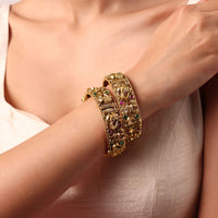 Multicolor Finish Carved Bangle With Kundan Set of 2