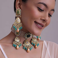 Multicolor Gold-Finish Kundan Choker Necklace Set With Colourful Meenakari Work And Drop-Stones In Mix Metal
