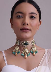 Multicolor Gold-Finish Kundan Choker Necklace Set With Colourful Meenakari Work And Drop-Stones In Mix Metal