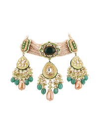 Multicolor Gold-Finish Kundan Choker Necklace Set With Colourful Meenakari Work And Drop-Stones In Mix Metal