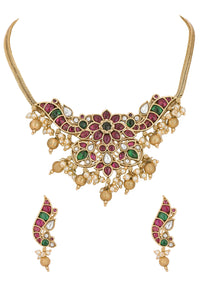 Multicolor Kundan Short Necklace Set With Pearls