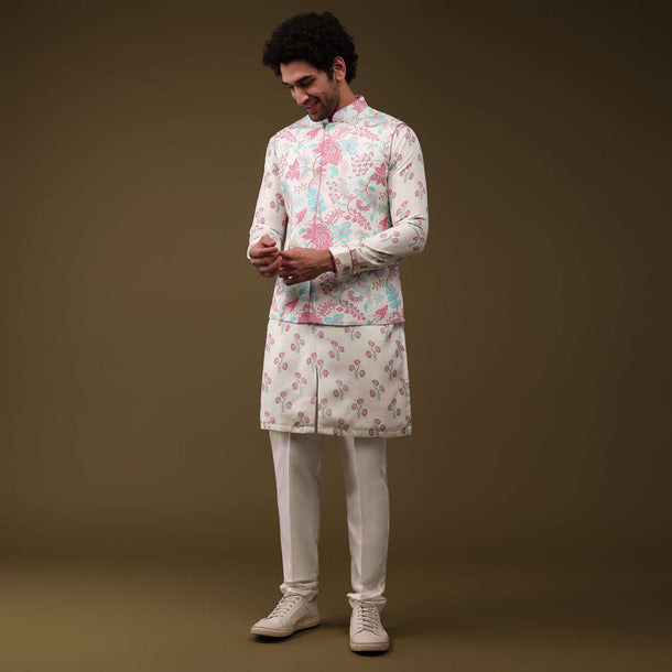 Multicolor Modern Floral Printed Jacket Kurta Set In Silk