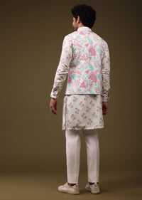 Multicolor Modern Floral Printed Jacket Kurta Set In Silk
