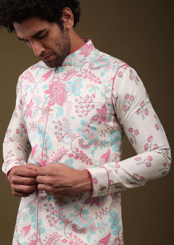 Multicolor Modern Floral Printed Jacket Kurta Set In Silk