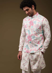 Multicolor Modern Floral Printed Jacket Kurta Set In Silk