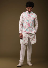 Multicolor Modern Floral Printed Jacket Kurta Set In Silk