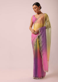 Multicolor Ombre Organza Saree With Floral Work